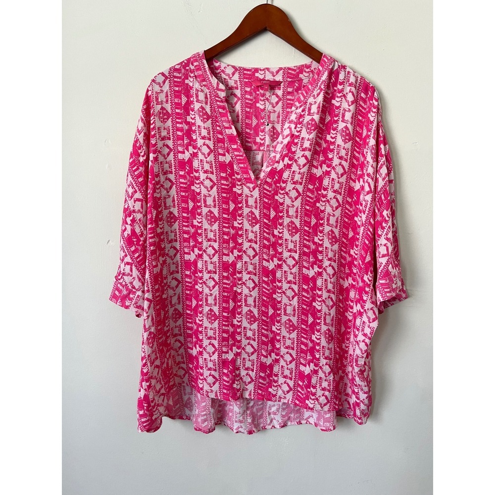 Next Pink White Geometric Tribal Print V-Neck Viscose boho Blouse Top 16 US 12